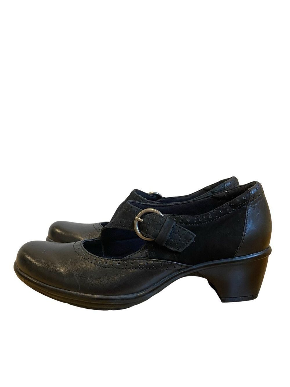 Clarks women Bandables heels Mary Jane black leather suede side buckle shoes 8.5